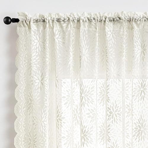 MIULEE Vintage Floral Scalloped Lace Curtains 2 Panels, Ivory 52" W x 63" L | Victorian Decorative Design, Short Semi Sheer Curtains, Light Filtering Rod Pocket Panels for Bedroom Living Room thumbnail 6