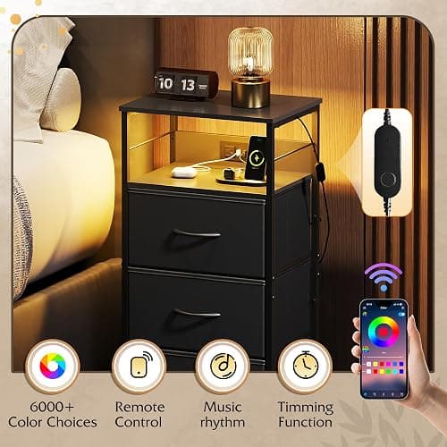 WLIVE LED Nightstand with Charging Station, Black Night Stand with 3 Fabric Drawers and Storage Shelf, Small Dresser for Small Space, 31.9" H Bedside Table with USB Ports and Outlets for Bedroom thumbnail 5