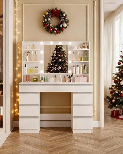 Hzuaneri Dressing Table with Bulb Light, Vanity Desk with 1 Large Drawer and 8 Small Drawer Cabinets, Adjustable Brightness, Large HD Mirror, 9 Open Storage Areas, White DT35703W thumbnail 4