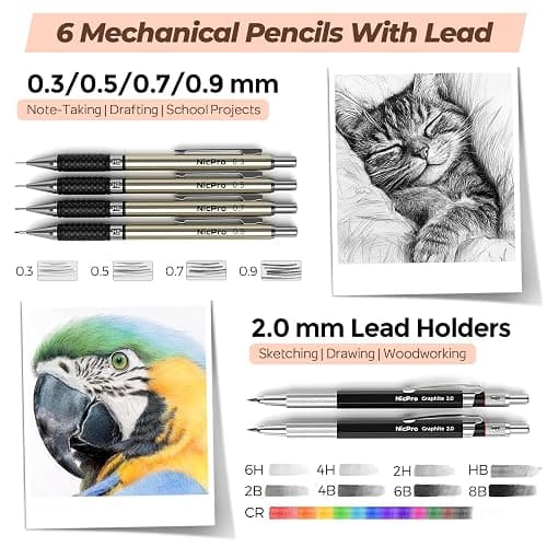 Nicpro 58 PCS Art Drawing Supplies Kit in Leather Case, Art Mechanical Pencil Set with Metal Drafting Pencil 0.3 & 0.5 & 0.7 & 0.9 & 2mm, 12 Micron Pen, Sketch Book, 30 Tube Lead Refills for Sketching thumbnail 2