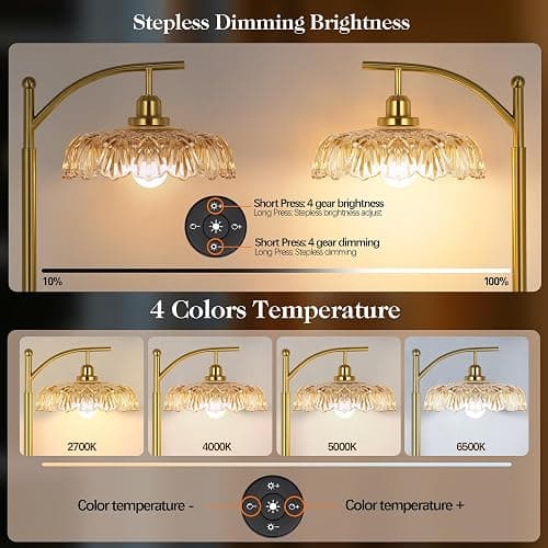 Gold Floor Lamp for Living Room, Dimmable Mid Century Modern Standing Lamp with Remote Control and Amber Glass Shade, 68" Tall Lamp for Bedroom, Vintage Retro Antique Glass Flower Lamp, Brushed Gold thumbnail 2