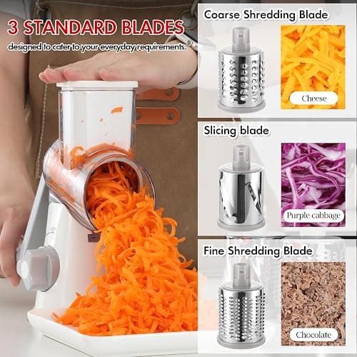 Ourokhome Rotary Cheese Grater Hand Crank, Kitchen Shredder Speed Mandolin Slicer Ice Shaver with Handle and Drum Blades for Cheese, Vegetable, Nuts, Chocolate, Potato, Carrot, 5 Blades, White thumbnail 6