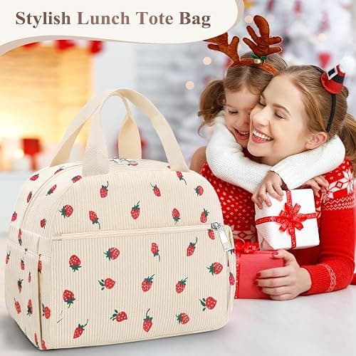 KUBYA Lunch Box for Women, Cute Strawberry Corduroy Insulated Lunch Bag Women Reusable Work Leakproof Simple Adults Large Lunch Boxes Tote Bag Men Cooler Bag thumbnail 7