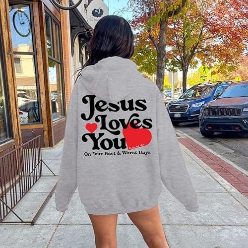 Pairxily Jesus Loves You Christian Hoodie for Women Faith Religious Fleece Sweatshirts God Sayings Long Sleeve Tops Pullover thumbnail 5