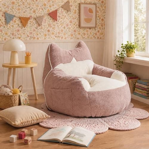 Bean Bag Chair for Teen Adults, Memory Foam Fluffy Cat Bean Bag for Personal Apartment, Bedroom and Living Room Accent Floor Chair Sofa for Comfy Relaxing Reading（Pink） - Image 1