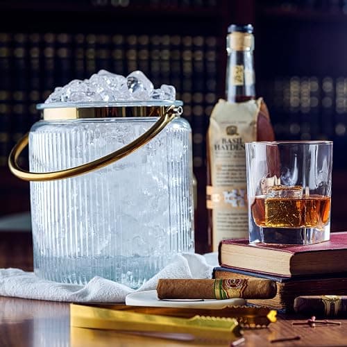 Glass Ice Bucket with Airtight Lid, Ice Tong Scooper and Handle - 3L Ribbed Beverage Tub Cocktail Home Bar Accessories, Wine, Beer - Chiller for Parties, Champagne Drink Tub Cooler with Hinged Handles thumbnail 6