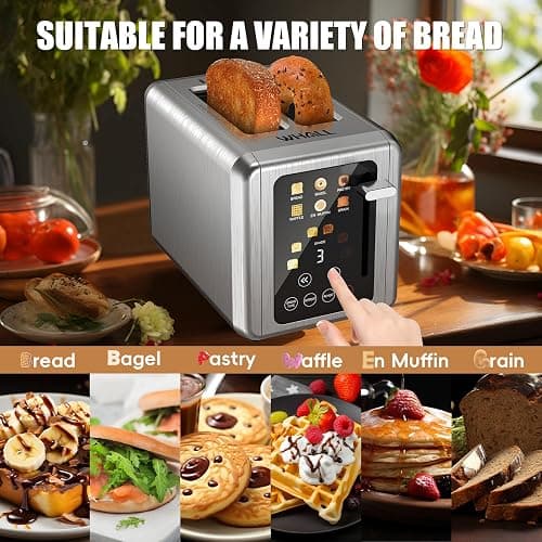 WHALL Touch Screen Toaster 2 Slice,Smart Digital Toaster with 1.5" Wide Slots,6 Shade Settings & 6 Bread Types,Memory Function,Countdown Timer,Brushed Stainless,Ideal Kitchen Gift & Essential thumbnail 5