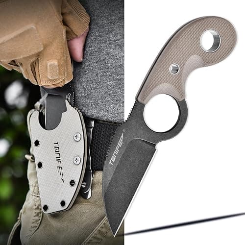 TONIFE Small Fixed Blade Knife Full Tang EDC Camping with Sheath Lanyard and Clip, Blade Length 2.17",2.5 oz.with Sheath (Warm Sand - Black Oxide then Stonewash) thumbnail 4