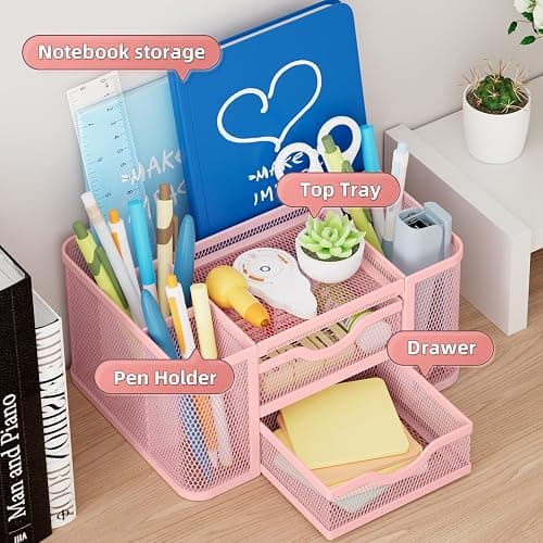 Marbrasse Mesh Desk Organizer, Pen Organizer with 2 Drawer, Multi-Functional Pencil Holder, Desk Organizers and Accessories with 5 Compartments + Drawer for Office Art Supplies (Pink) thumbnail 4