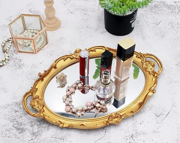 Funerom Vintage 36.8 x 25.4 cm Gold Mirror Tray Decorative Tray Bathroom Tray Serving Tray Oval thumbnail 2