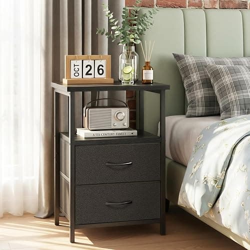 Fixwal Black Night Stand with Charger Station, Nightstand with Charging Station & Fabric Drawers thumbnail 2