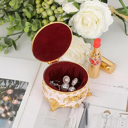 Hipiwe Vintage Round Jewelry Box Small Metal Trinket Storage Organizer | Gold Chest Ring Case Treasure Boxes Keepsake Boxes Earrings Necklace Storage Box Gift for Women thumbnail 4