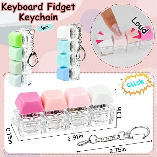 3 PCS Keyboard Fidget Toy, Keyboard Fidget Keychain 4-in-1 Keyboard Decompression Button Finger Clicker Toys, Button Stress Relief Fidget Valentines Gifts Stuffers for Kids Women(Blue Pink Green) thumbnail 3