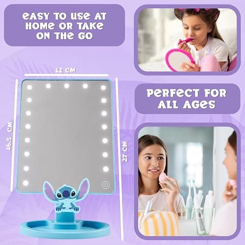 Disney Stitch Vanity Mirror for Girls, Teens, Women with Trinket Tray, LED Table Mirror, Touch Screen, Light Make Up, Gifts for Women (Blue) thumbnail 5