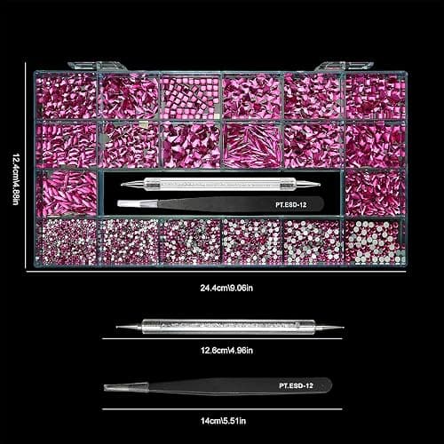 Yzzseven 14 Types of 700 Rose Pink Diamonds + 2100 Flat Rhinestones Mix 20 Styles Flatback DIY Crafts Rhinestone Crystals 3D Ornament‌s Flat Back Stones Set + Tweezers + Drill Pen thumbnail 5