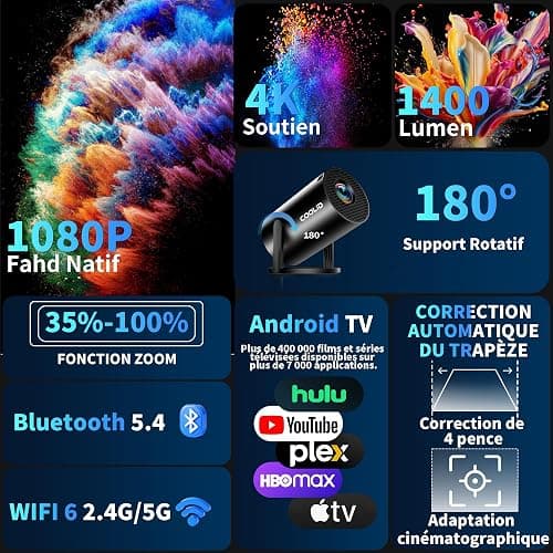 [Apps intégrées & 2026 Upgraded] Mini Vidéoprojecteur Supporte 4K 1080P avec 5G WiFi 6 Et BT 5.4 Le Projecteur Soutien Rotation 180° Portable Projecteur Video Applicable Laptop/HDMI/TV Stick,Negro thumbnail 2