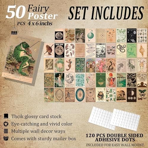 Uniro Vintage Fairycore Decor, 50pcs Fairy Room Decor Aesthetic Pictures, 4"x6" Retro Grunge Fairy Wall Collage Kit, Cottagecore Wall Decor, Goblincore Decor, Earthy Vintage Fairy Wall Art Print Mushroom Pictures for Dorm Bedroom thumbnail 2