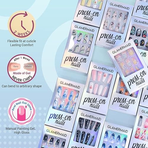 GLAMERMAID Press on Nails Medium Almond, Gothic Black Ombre French Tip Gel Glue on Nail, Glossy Short Stiletto Reusable UV Finish Fake Nails Acrylic False Nails Manicure Kits for Women thumbnail 7