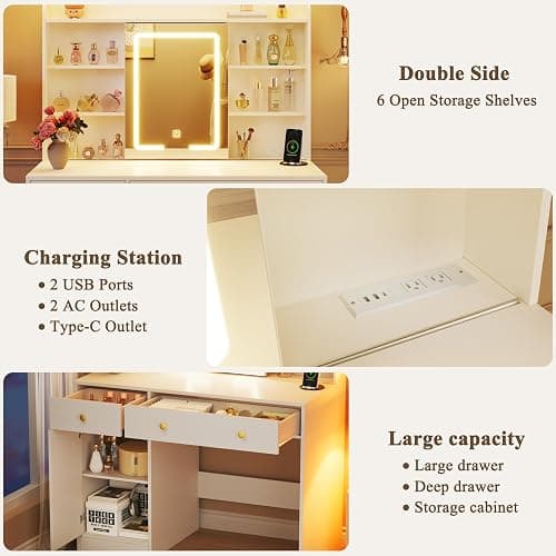 HUAHUU Vanity Desk with Mirror and Lights, 37" Makeup Vanity Desk with LED Lighted Mirror, Power Outlet, White Vanity with Storage Cabinet, 2 Drawers & 6 Shelves for Bedroom thumbnail 6
