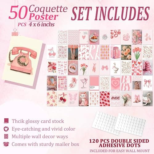 Uniro Coquette Room Decor Aesthetic, 50Pcs Pink Coquette Wall Decor, Coquette Posters Aesthetic Room Decor, Pink Room Decor 4"x6" Coquette Wall Collage Kit for Teen Girls Dorm Bedroom Decor, Cute Coquette Posters Picture Trendy Pink Wall Art Prints thumbnail 2