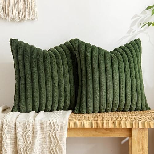 MIULEE Moss Green Throw Pillow Covers 18x18 Inch Set of 2 Soft Pillowcase with Velvet Back Faux Rabbit Fur Cushion Covers Decorative Home Decor for Couch Sofa Bedroom Livingroom - 45L x 45W cm (Pack of 2) - Moss Green - Image 1