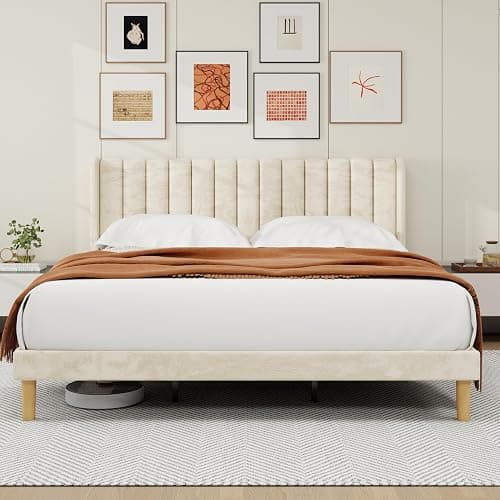 alazyhome Platform Bed Frame King Size with Upholstered Headboard, Solid Wood Slats Support, No Box Spring Needed, Noise Free, Easy Assembly, Modern Velvet Bed, Beige - Image 1