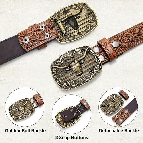 LALATCH Cowboy Western Belts for Men Women, Mens Western Cowboy Belt Embossed Belt Bull Buckle for Jeans Gifts Christmas thumbnail 3