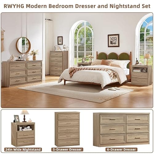 RWYHG Dresser and Nightstand Sets 2 Piece, 6-Drawer Dresser, Oak | Farmhouse Bedroom Dresser and Nightstand Set with 6-Drawer Dresser and 2-Drawer Nightstand, Metal Handles and Ample Storage thumbnail 6