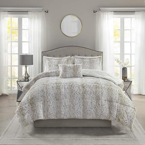 Madison Park Zuri Faux Fur Comforter Set, Full/Queen, 4 Piece, Snow Leopard | All Season, Ultra Soft, Bedding for Bedroom, Striped Pattern, Quilted, Plush, OEKO-TEX Certified thumbnail 2