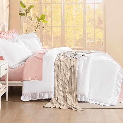 Litanika White Comforter Queen Size Set, 3 Pieces Ruffle Shabby Chic Farmhouse Women Vintage Aesthetic Bedding Set & Collections, Winter Fluffy Microfiber thumbnail 3