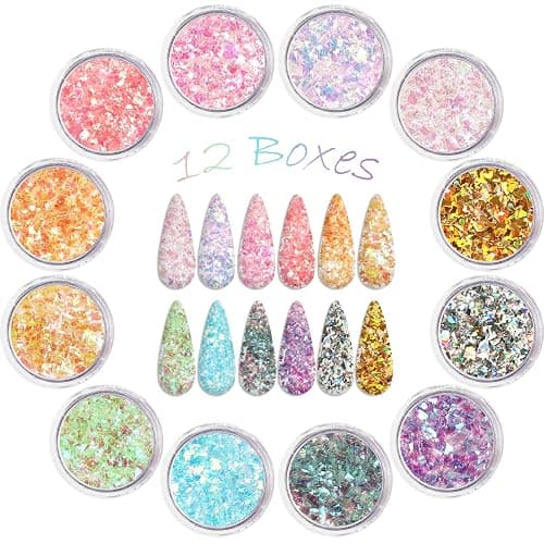 Allstarry 12 Colors Mermaid Nail Chunky Glitter Ultra-Thin Fluorescent Glass Paper Irregular Iridescent Sequin Flakes Glitters Sticker for Nails Art Decoration Hair Eyes Face Body DIY Craft thumbnail 2
