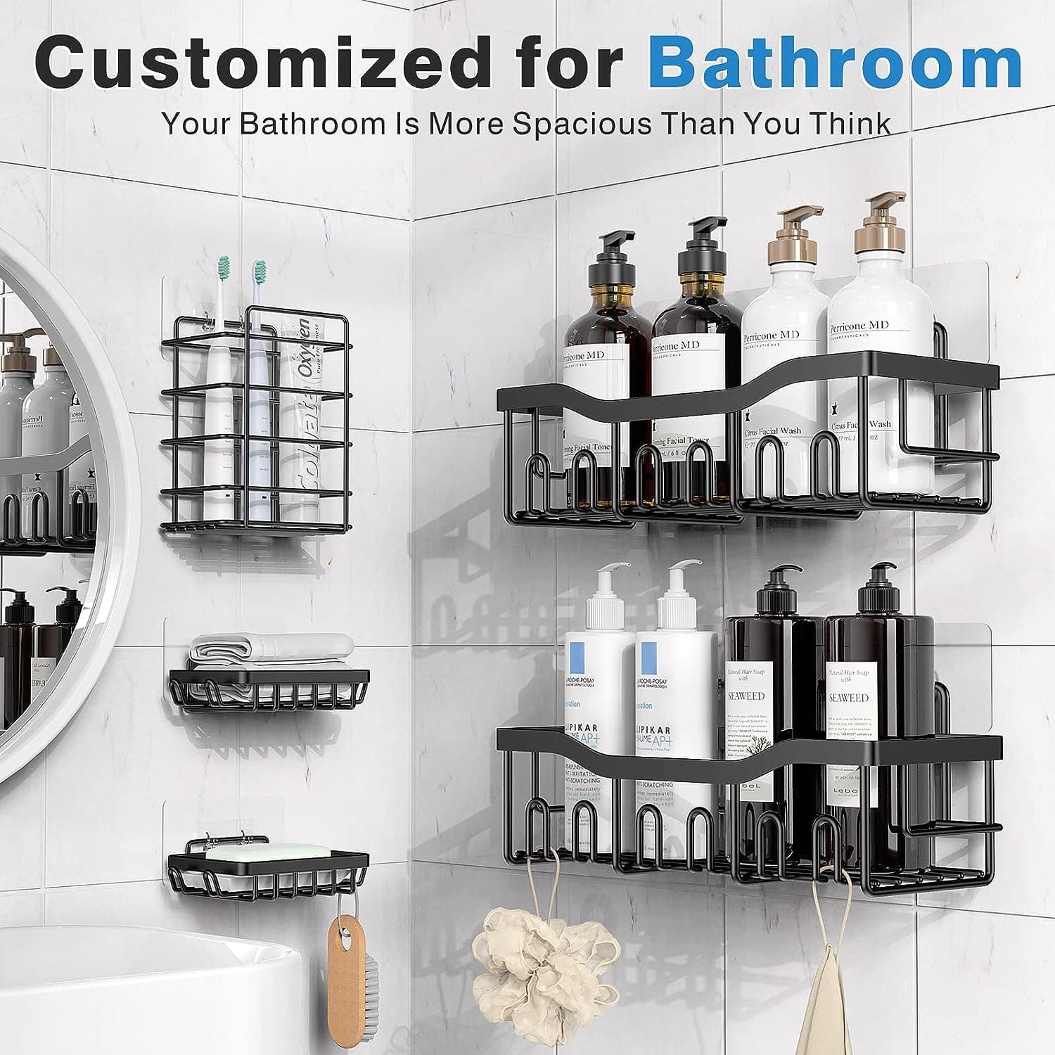 Yimoshan Adhesive Shower Caddy, 5 Pack Rustproof Stainless Steel Bath Organizers With Large Capacity, No Drilling Shelves for Bathroom Storage & Home Decor (Pink) thumbnail 2