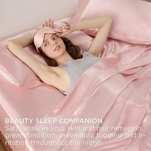 Bedsure Pink silk Sheets Queen Size - 4 Piece Silky Bedsheets with 15 Inches Deep Pocket Fitted Bedsheet,1 Flat Sheet, 2 Satin Pillowcases, Good for Hair & Skin (Queen, Peach Pink) thumbnail 4