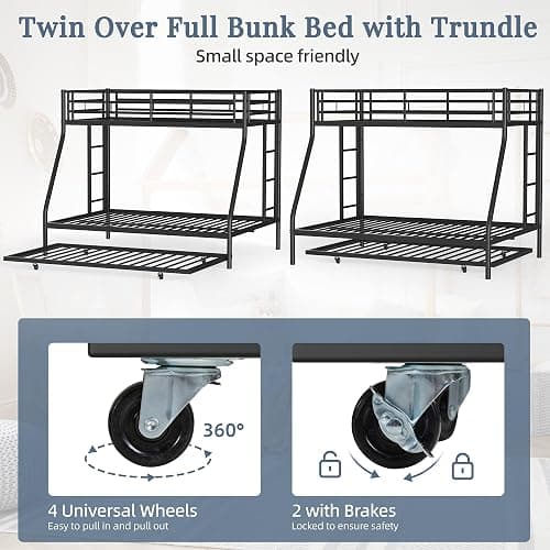 Shintenchi Twin Over Full Size Bunk Bed with Trundle, Heavy-Duty Metal Frame, 2 Ladders & Full-Length Guardrail, Space-Saving Sleep Solution for Kids/Teens/Adults, Black thumbnail 5