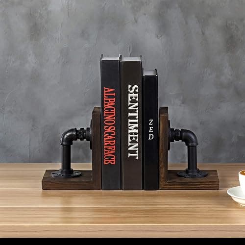 MyGift Book Ends Decorative, Bookends for Shelves, Metal Bookends for Heavy Books, Office Decor for Men, Wood Book Stopper, Realistic Industrial Pipe Design, Dark Brown thumbnail 8
