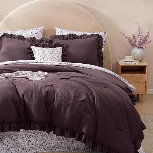 BLOOMHAVEN Full Comforter Set - 7 Pieces Ruffle Purple Bedding Sets, Shabby Chic Farmhouse Bed in a Bag Full with Ruffle Comforter, Floral Sheets, Pillowcases & Shams thumbnail 6