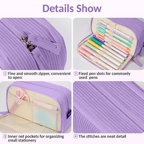 Sooez Big Capacity Pencil Case Pen Pouch, Soft Corduroy Pencil Bag with 3 Compartment, Multiple Pockets, Sturdy Zipper, Cute School Supplies Pen Bag Organizer For Teen Girls College, Beige - Beige thumbnail 6