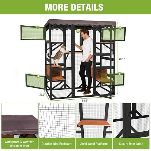 GUTINNEEN 71" Large Wooden Catio Outdoor Cat Enclosure with Scratching Posts, Walk-in Cat House with 6 Platforms & 2 Resting Boxes, Window Access, Weatherproof Roof for 2-6 Cats-Black thumbnail 6