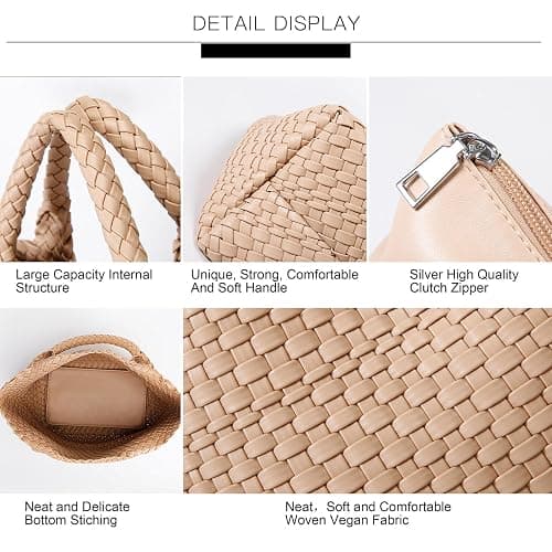 Woven Bag for Women, Vegan Leather Tote Bag Large Summer Beach Travel Handbag and Purse Retro Handmade Shoulder Bag - Apricot thumbnail 5