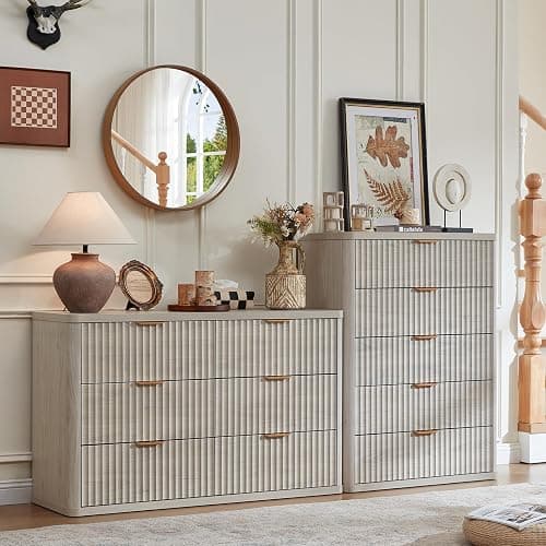 LEYAOYAO Fluted 5 Drawers Dresser for Bedroom, 41" Tall Modern Chest of Drawers with Metal Handle, Curved Profile Farmhouse Closet Organizer Wood Dressers TV Stand for Living Room, Hallway, Lightgrey thumbnail 8