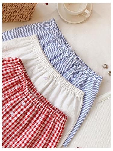 MakeMeChic Women's 3 Pack Linen Shorts Plaid Gingham Striped Summer Beach Boxer Shorts thumbnail 3