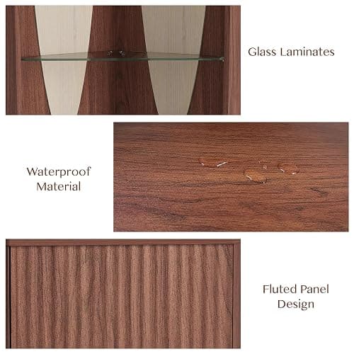 70" Tall Corner Cabinet, Mid Century Modern Cabinet with Doors, Fluted Corner Bar Cabinet with Glass Holder, Lights and Storage Shelves, Wine Bar Cabinet for Liquor, Living Room, Kitchen, Walnut thumbnail 4