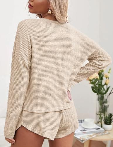 Ekouaer Womens Waffle Knit Pajama Sets Long Sleeve Top and Shorts Matching Lounge Set Loungewear Sweatsuit with Pockets thumbnail 3