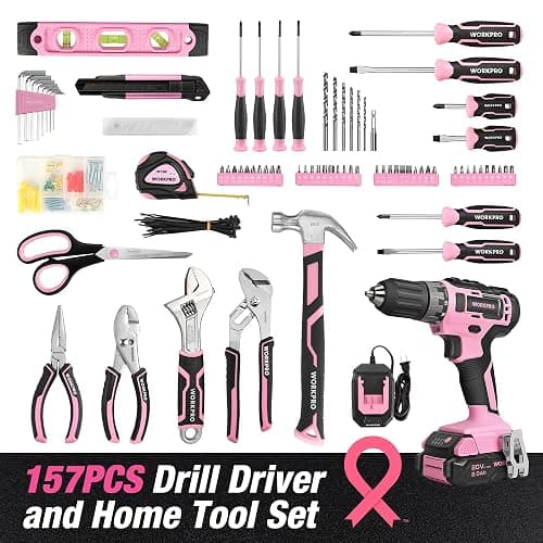 WORKPRO Pink Tool Kit with Drill, Tool Set with 20V Cordless Lithium-ion Drill Driver, Pink Drill Set for Women, 157PCS Home Tool Kit, Lady's Repairing Kit with 14-Inch Storage Bag - Pink Ribbon thumbnail 3
