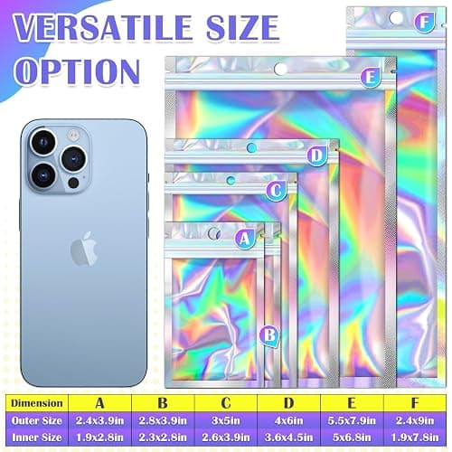 Jetmore 100 Pcs Resealable Mylar Bags, Smell Proof Goodie Bags with Clear Window, Small Holographic Bags for Halloween, Gift, Candy, Bracelet, Keychain, Treat, Product, Sealable Plastic Bags thumbnail 6