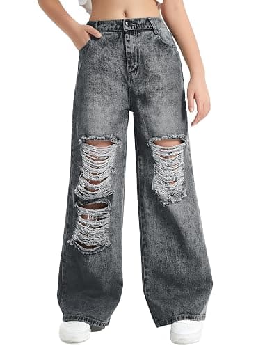 EXARUS Girls Jeans Baggy Pants Wide Leg/Flare/Skinny Teen Ripped Denim Tween Clothes Outfits Preppy Casual Kids 6-14Y - Image 1
