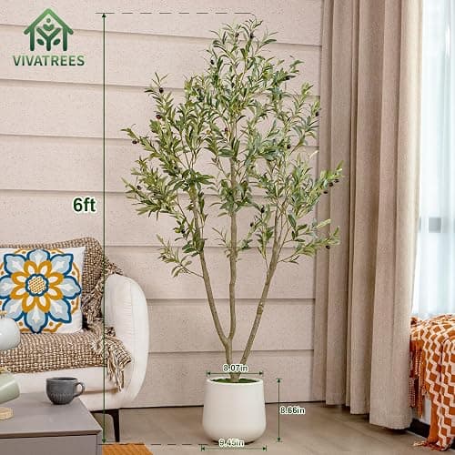 VIVATREES Olive Trees Artificial Indoor, 6FT Tall Faux Olive Tree with White Tall Planter, Artificial Plants with Natural Wood Trunk and Lifelike Fruits for Home Office Decor thumbnail 2