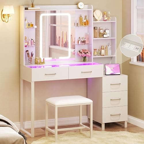 HUAHUU Vanity Desk with Mirror and Lights 3 Colors, 43.3" Makeup Vanity with Glass Top & RGB Light, White Vanity Table Set with Stool, 5 Drawers & Power Outlet for Bedroom Dressing Room - Image 1