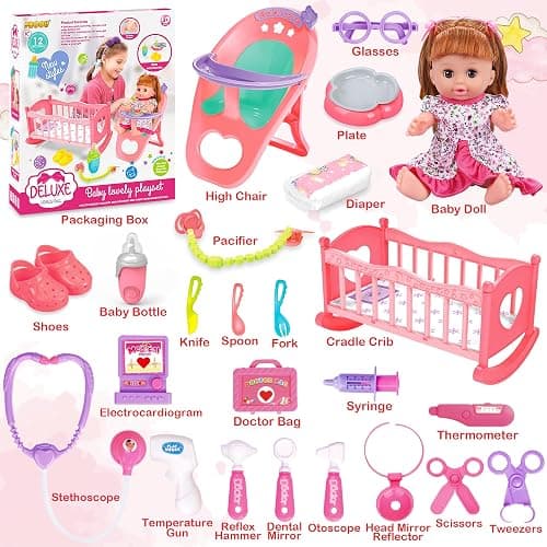 Baby Doll Toys Set, 14" Doll Toys, 25Pcs Dolls Care Toy Playset, Toddlers Toy Doll Set Incl Cradle Crib, High Chair, Milk Bottle, Pacifier, Diaper, Baby Gift for Age 3 4 5 6+ Years Old Girls Boys thumbnail 3
