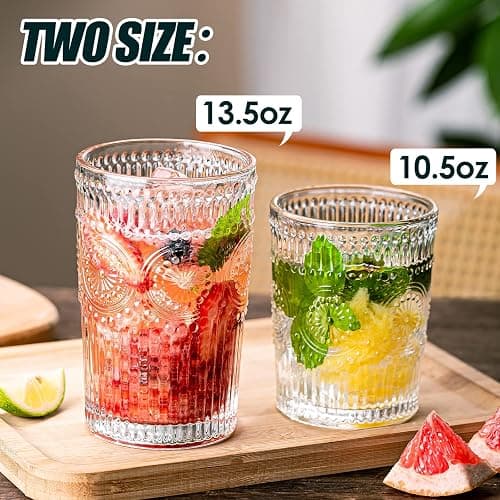 wookgreat Vintage Drinking Glasses Set of 12, Textured Clear Striped Glass Cups-6 Highball Glasses 13oz & 6 Rocks Glasses 10oz, Ribbed Glassware Set, Mojito Cups, Cocktail Glass, Iced Coffee Cup thumbnail 2